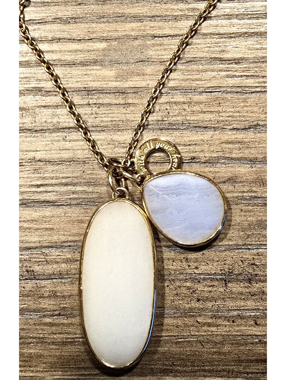 Stella & Dot "Trinity" Necklace Pendant Trio Blue Lace Agate 30" Gold Tone - Picture 2 of 3